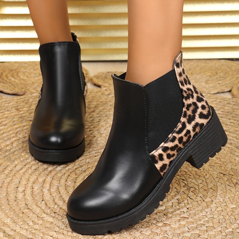 Women's Leopard Print Chunky Heel Chelsea Ankle Boots - Slip-Resistant Slip-On Round Toe, Faux Cover Upper & Cushioned Insole, All-Season Comfortable