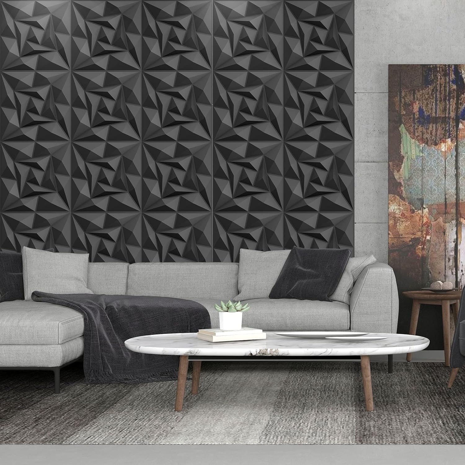 

3D стеновая панель, матовые черные стеновые панели из ПВХ, цветочный дизайн для текстурированного украшения дома/офиса (19,7 x 19,7 дюйма на листе, 10 панелей в упаковке)