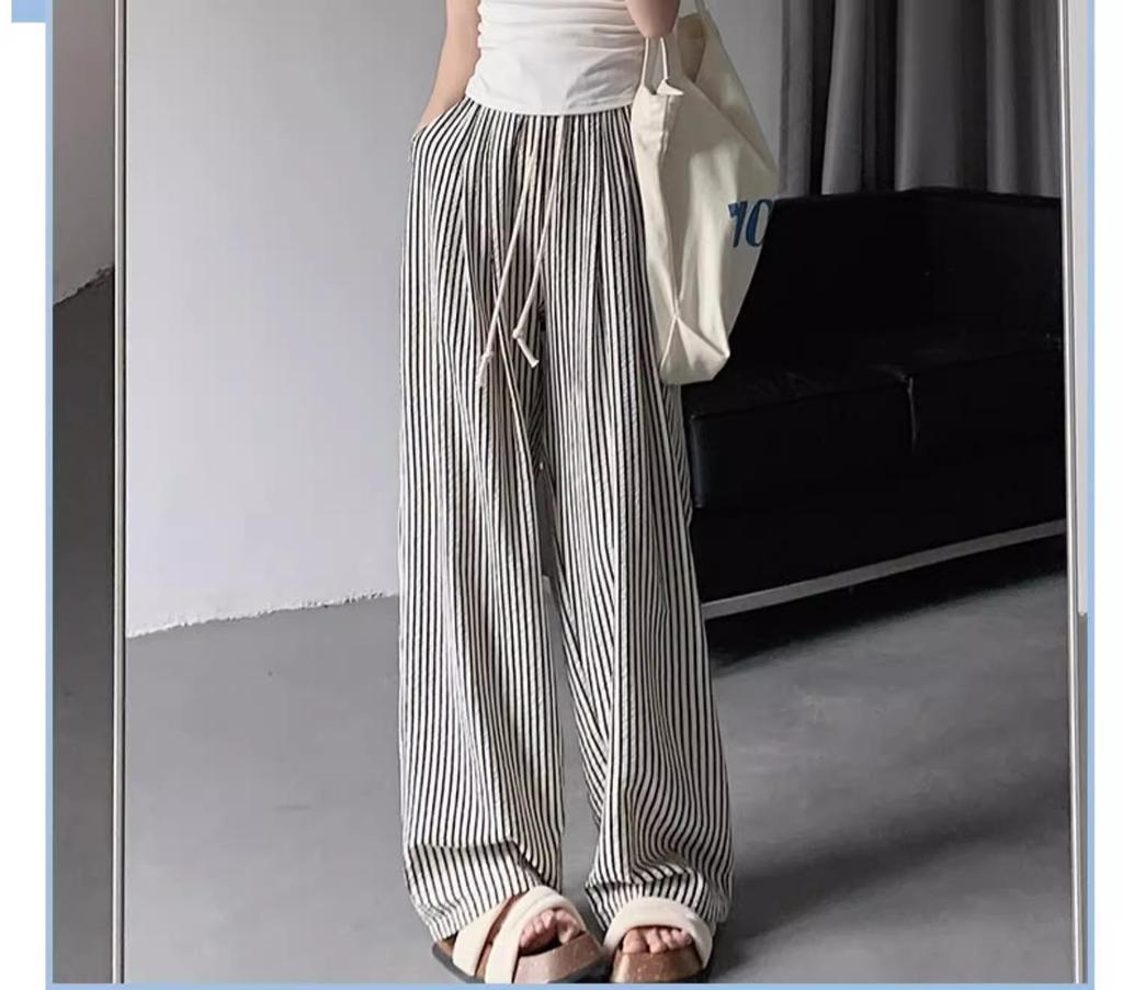 Women's High-Waisted Striped Wide-Leg Summer Pants - Petite, Loose, Slimming, Casual, Drapey.