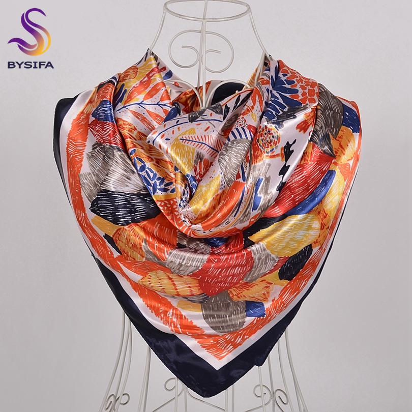 BYSIFA|Navy Blue Pink Silk Square Scarf Printed Women Brand Satin Scarves Shawls China Style Peach Blossom Design Head Scarf