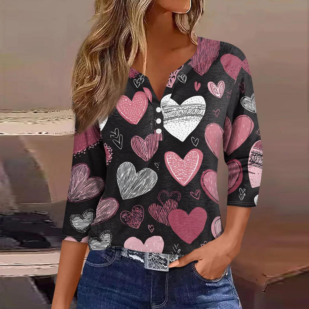 Women's  collar Valentine's Day print short-sleeved T-shirt top