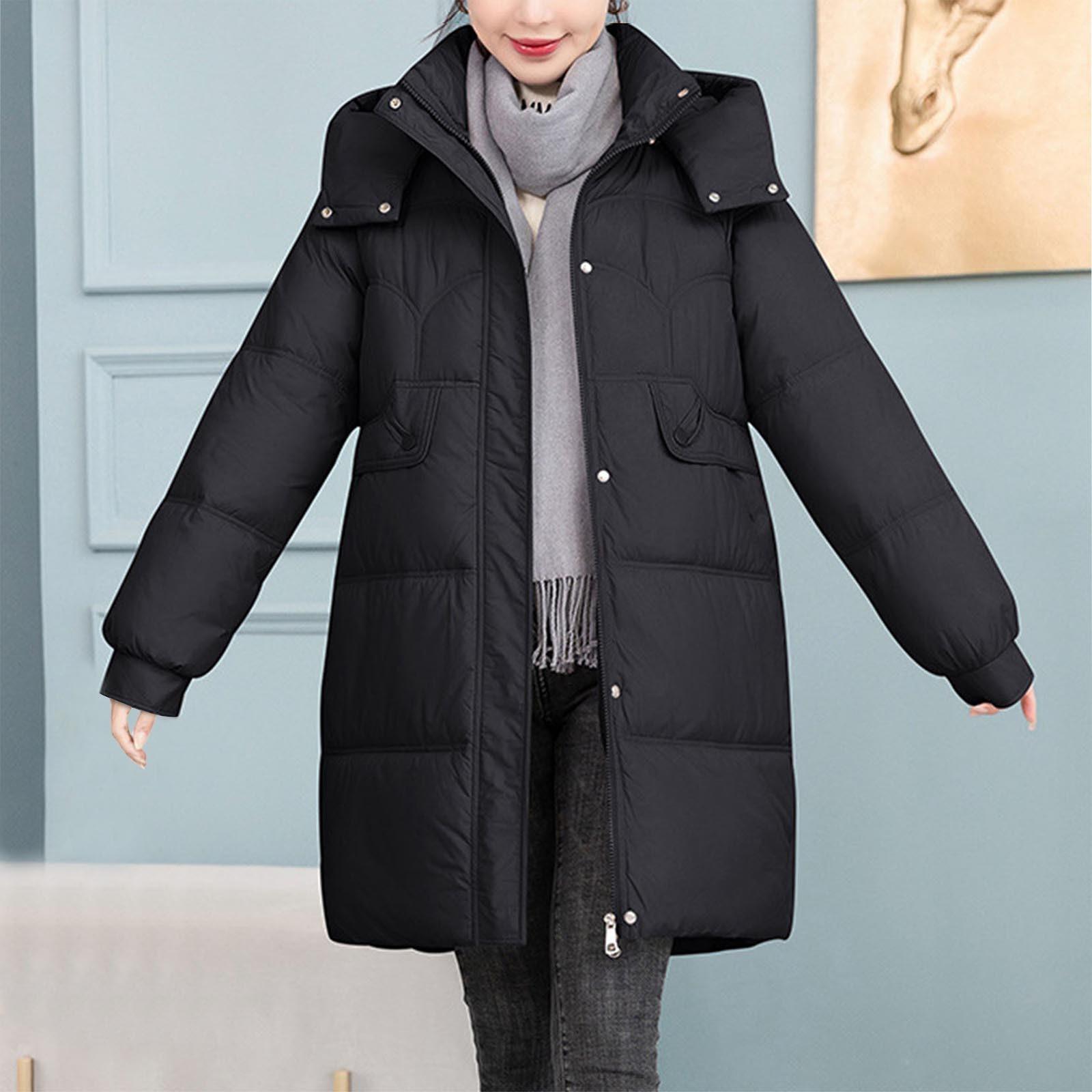 

Женская модная повседневная однотонная хлопковая куртка с капюшоном средней длины и длинными рукавами на молнии и пуговицах XL чёрный