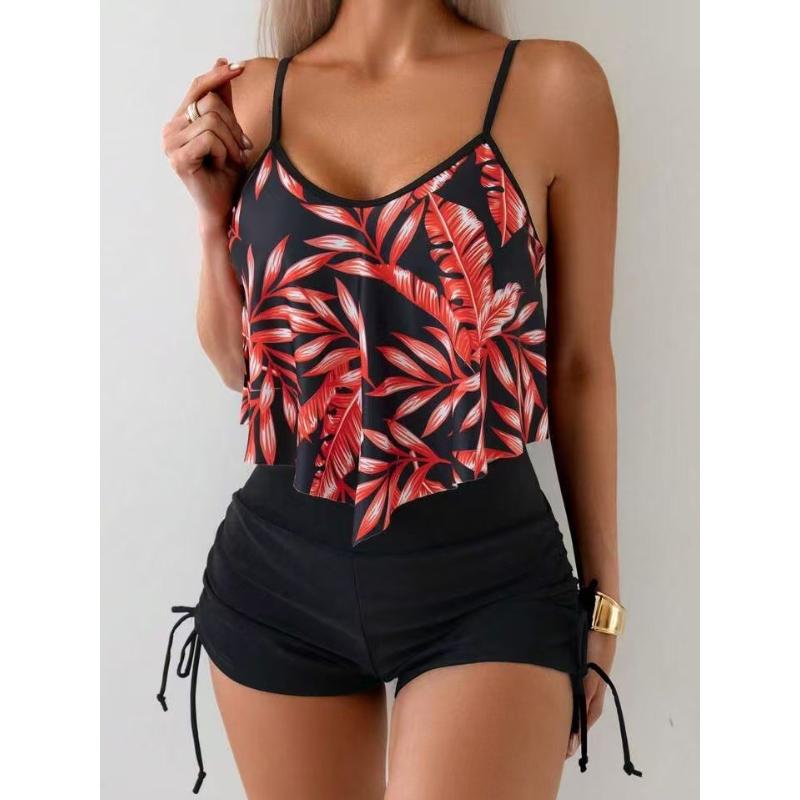 Costum de baie sexy cu talie înaltă, bikini din două piese, costum de baie cu imprimeu frunze, cu bretele strânse, îmbrăcăminte de plajă, costum de baie de vară pentru femei, de mare