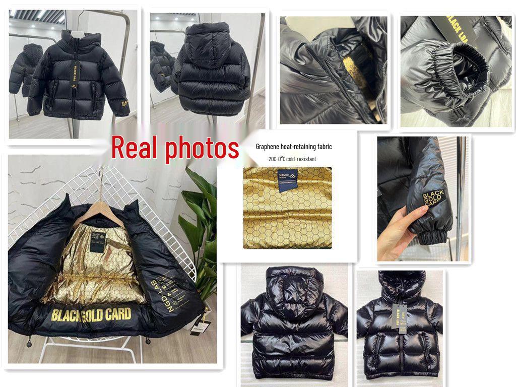 Kids' Winter Black Gold Thick Hooded Coat - Warm Short Jacket for Boys & Girls