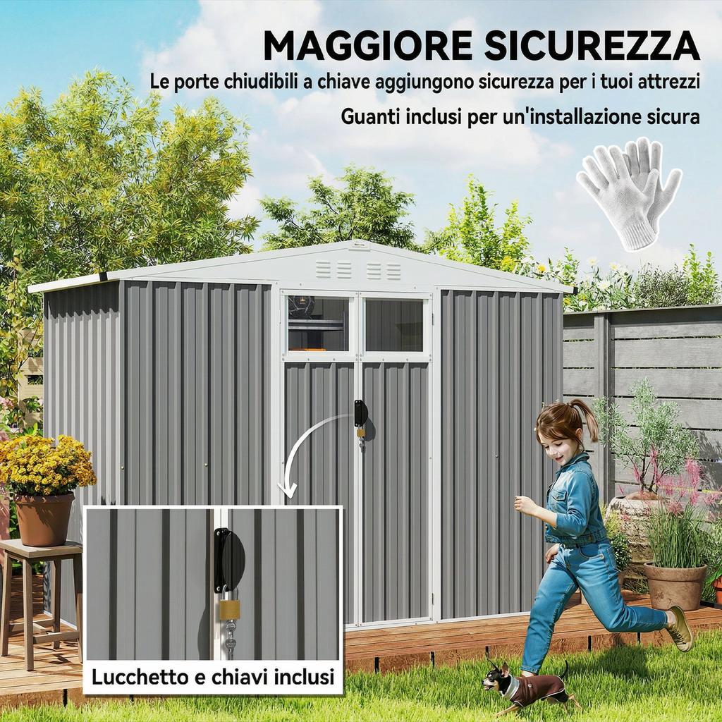 Garden Tool Shed in Galvanized Steel with 2 Doors, 246x117x180 cm, Light Grey