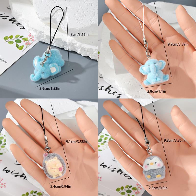 Fun Cartoon Flocking Animal Keychains Phone Lanyard Resin Cute Hexagonal Hedgehog Hippos Bag Earphone Case Pendant Girls Gift