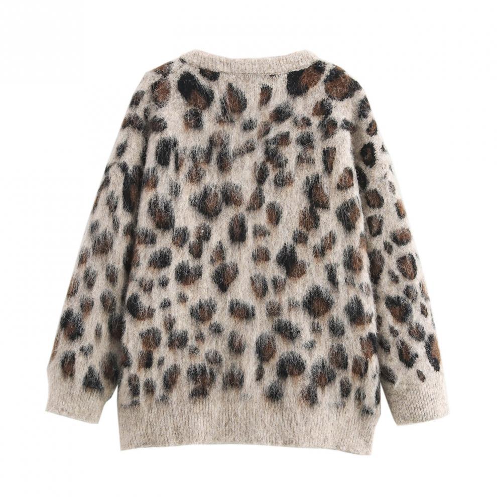 Leopard Print Round Neck Ribbed Knit Cardigan - European & American Style