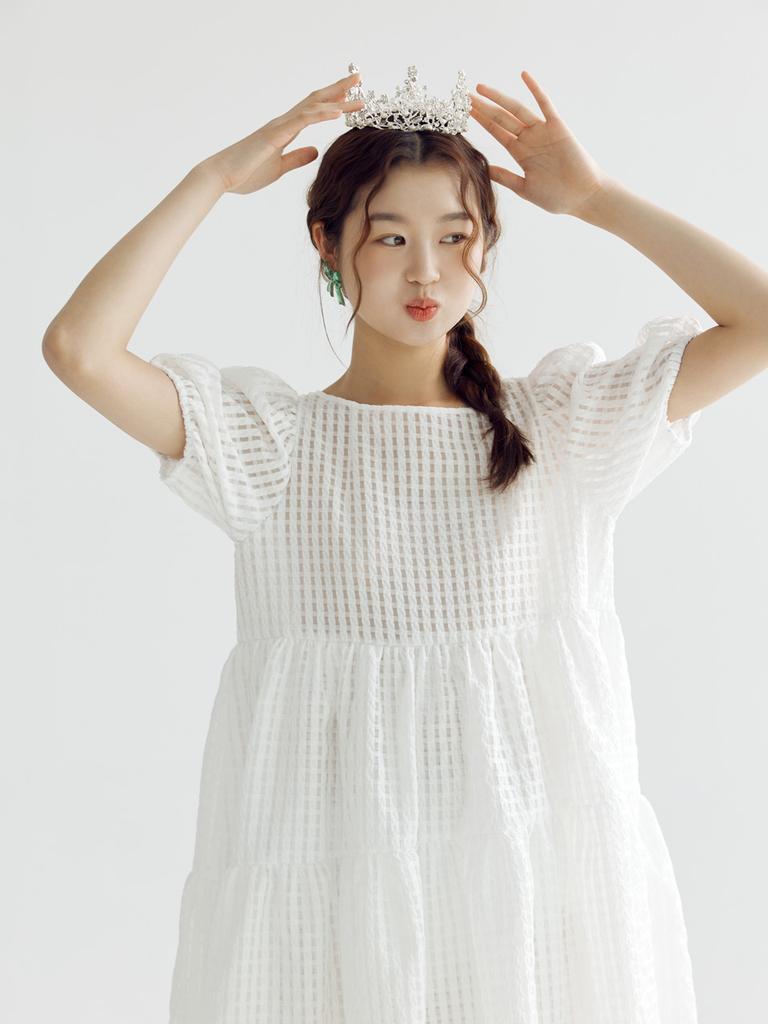 Bomnal Boutique Check Puff Line Midi Dress _ White