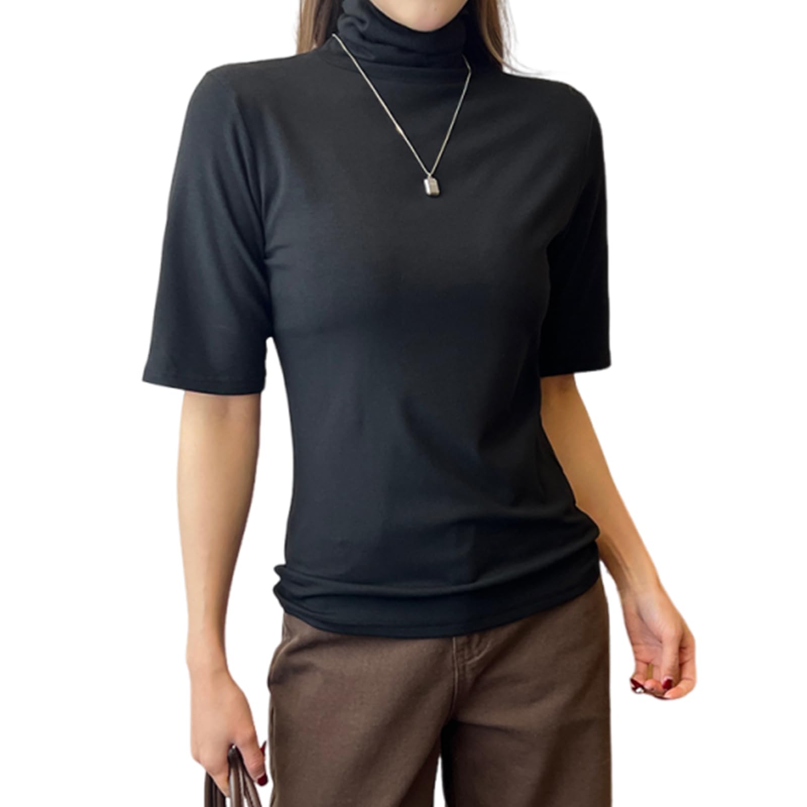 

Высокий воротник для короткого кроя и сшитый короткий рукав летний боди летняя одежда [7-livehouse] футболка женская, рукав, топ, лето, водолазка, футболка, однотонная,