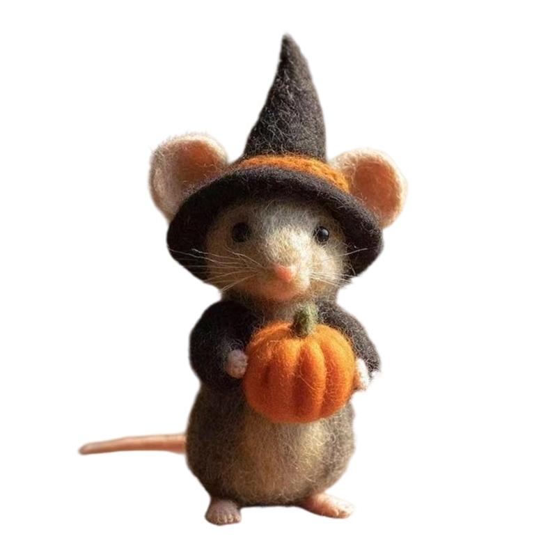 Festives Felt Pumpkin Mouse with Witch Hat Ornament For Halloween Party Home Office Desk Decors Handmade Craft Gift