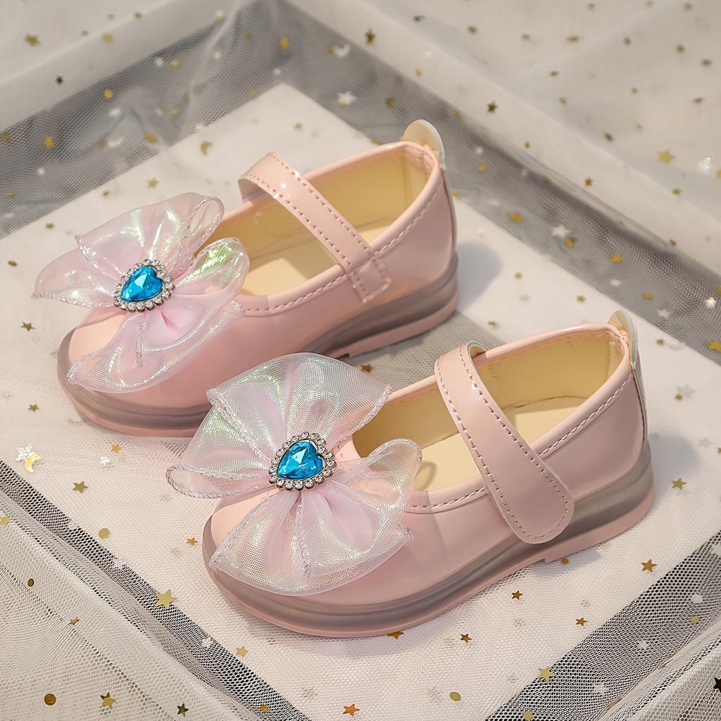 Girls' -Up Shoes with Bow & LED Sole - PU Low-Top Sneakers, Tape Closure for & Girls, Cute & Casual Attire (Suitable for Spring/Summer)