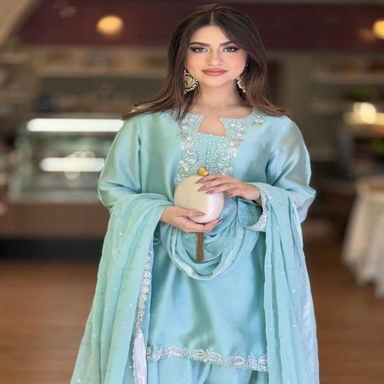 Sky Blue Silk Short Kurta with Tulip Pants and Embroidered Dupatta Set
