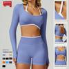 Sömlös Color Block Tvådelad Långärmad Cropped Yoga T-shirt för Löpning & Fitness
