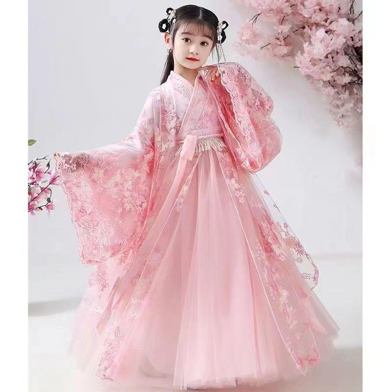 Hanfu Girls' Cherry Blossom Ruqun Dress - Long Sleeve Ancient Chinese Style for Spring & Autumn