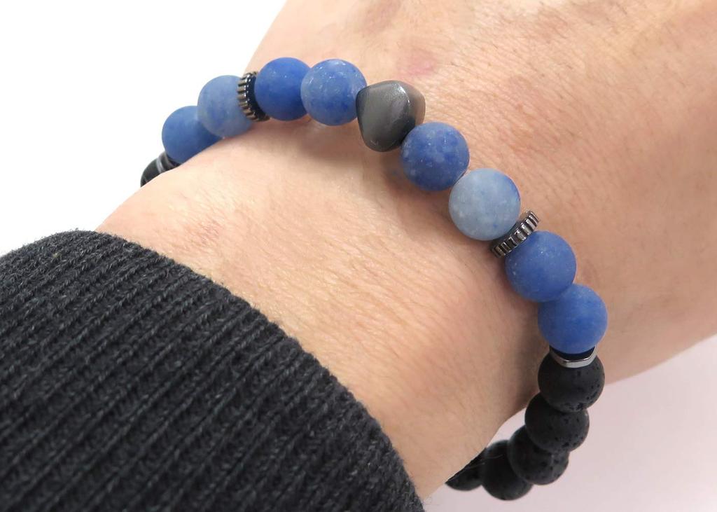 Beaded Silver Nugget Black Rhodium Bracelet Blue Brand Stone Beads [Tateossian] (Frosted Aventurine) Men's