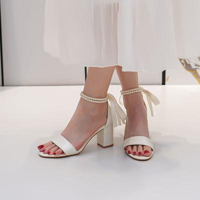 Large Size High-heeled Sandals Women's Open-toed Sexy White Ribbon Bow Beaded Pearl Women's Shoes Classic Fashion Wedding Shoes