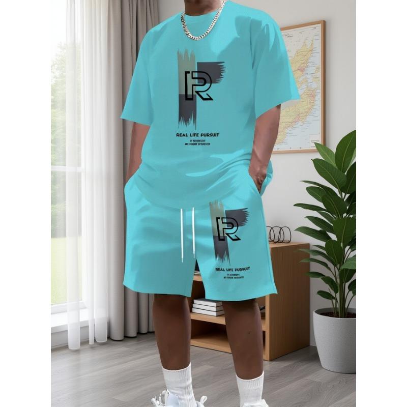 Digital printing summer English love bear pattern printing men s casual two-piece set S