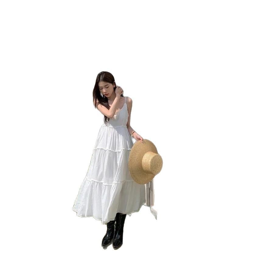 Summer new three-dimensional flocculent line design milk white suspender dress, thin and versatile long dress women