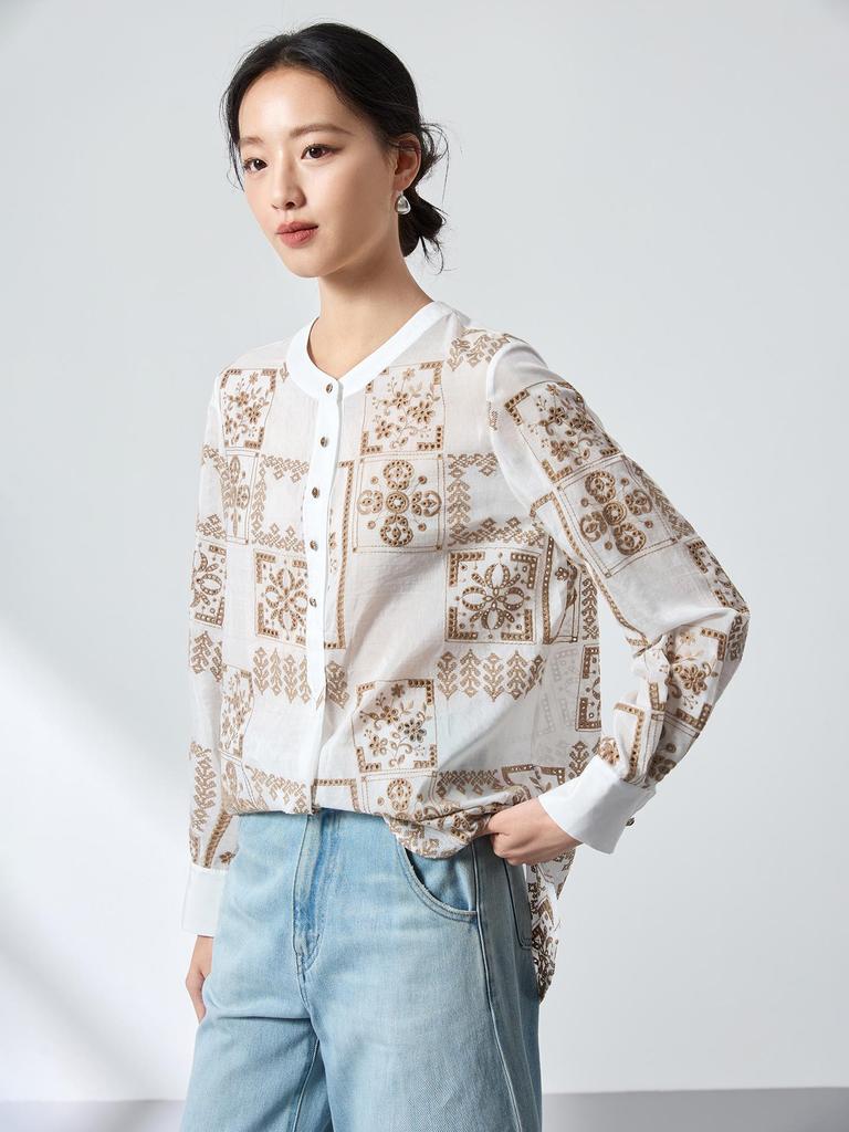 Ink Wash Silk Retro Print Shirt - Spring Slimming Henley Collar Cardigan Top