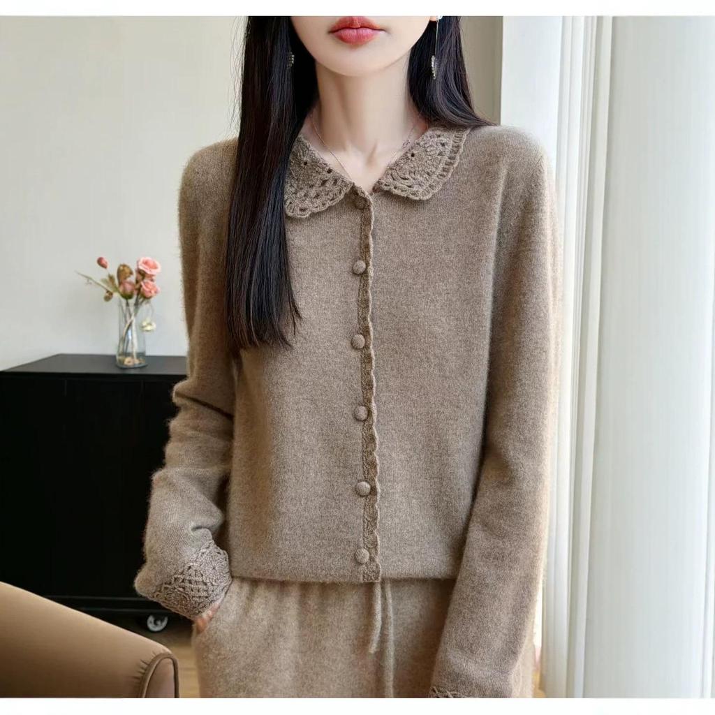 Autumn/Winter Wool Knit Polo Neck Cardigan - Women's Long Sleeve Hollow Crochet Loose Outerwear