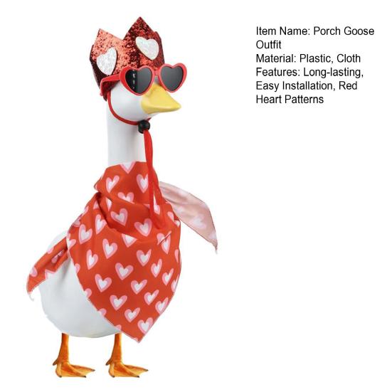 Valentine's Day Porch Goose Outfit Yard Goose Costume Lawn Goose Accessories Includes Red Heart Bib Hat Glasses for 23" Cement or Plastic Goose Statue