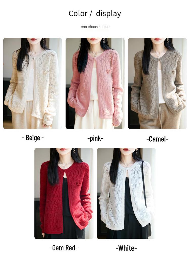 2025 Women's Round Neck Wool Shawl Cardigan: Hollow Out, Loose Fit, Versatile Long Sleeve Outerwear