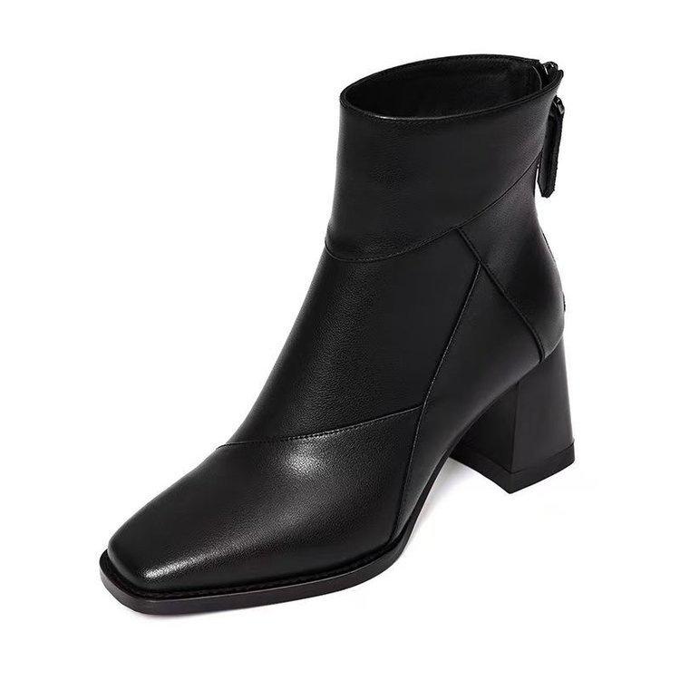 Comfortable Thick Heel Short Boots Autumn and Winter New High Heel Bare Boots Velvet Square Head Black Thin British Martin Boots