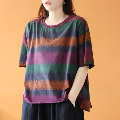 Plus Size Striped Loose T Shirts Summer Short Sleeve Contrast Print All-match Street Casual Tops Vintage Fashion Women Clothing