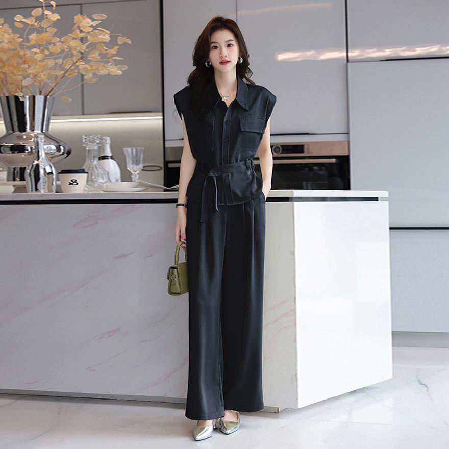 

Повседневный модный костюм женский летний новый темперамент топ-рубашка без рукавов брюки клеш двойка деловая одежда XXL