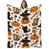 1pc Halloween Cats & Pumpkins Flannel Blanket - Soft Warm 280gsm All-Season Cozy Throw with Cute Kawaii & Orange Tabby Cats, Witch Hats & Jack-O'-Lant