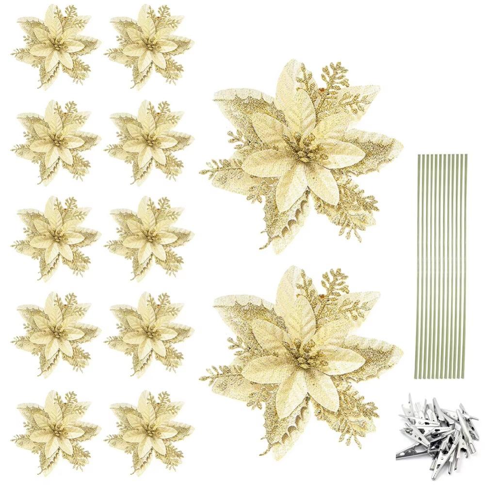 12Pcs With Clips Glitter Xmas Tree Ornaments Multi-color Christmas Floral Decorations  Wedding Decor