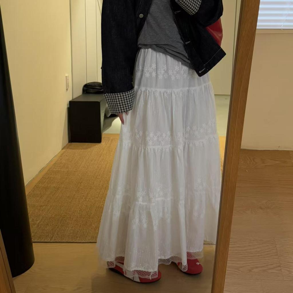 DIMANAF 2025 New Summer Women Skirts Vintage Elastic Pleated Elegant White Skirts Lace High Waist