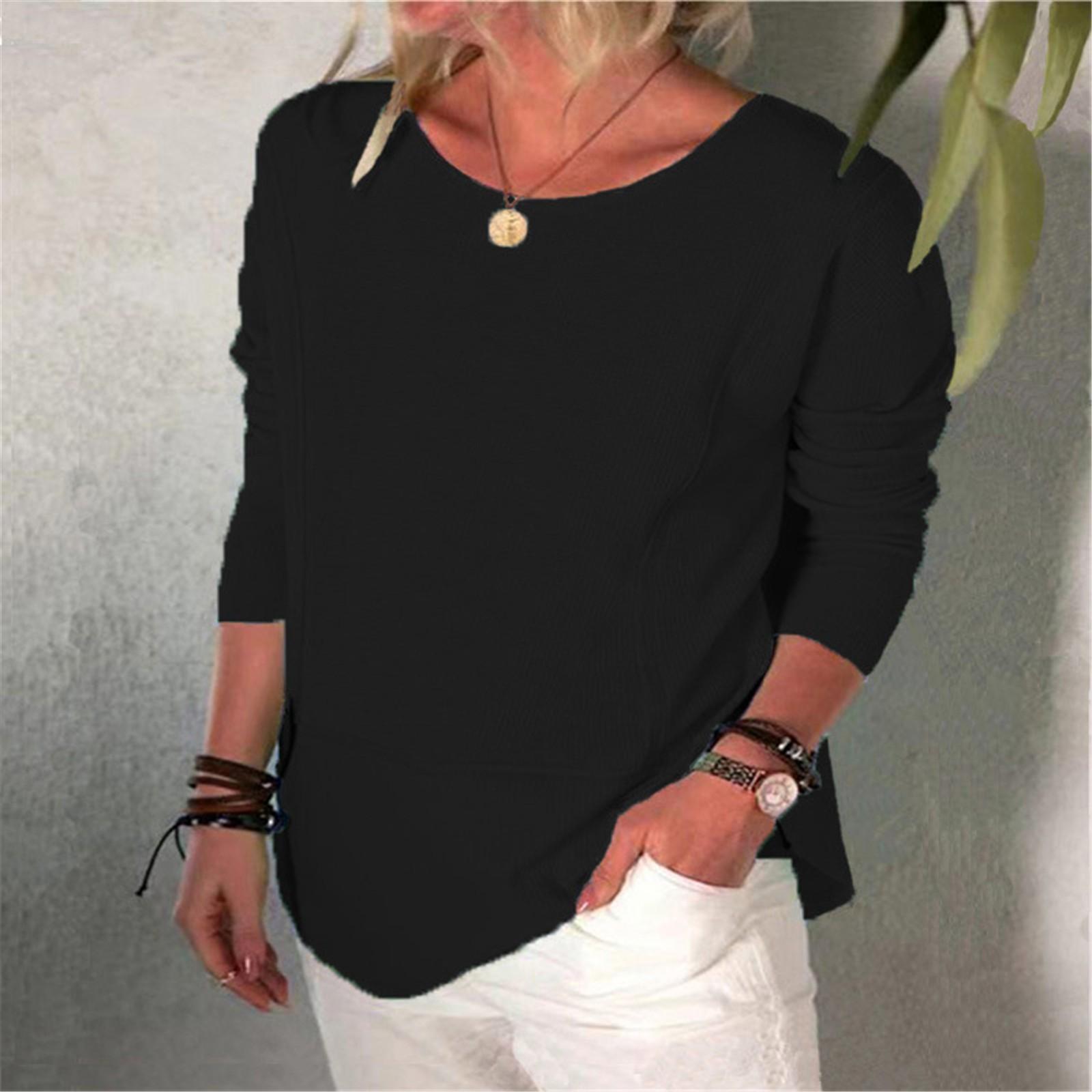 

Fashion Women s Casual Solid Color Round Neck Long Sleeve Loose T Shirt Tops XXL чорний