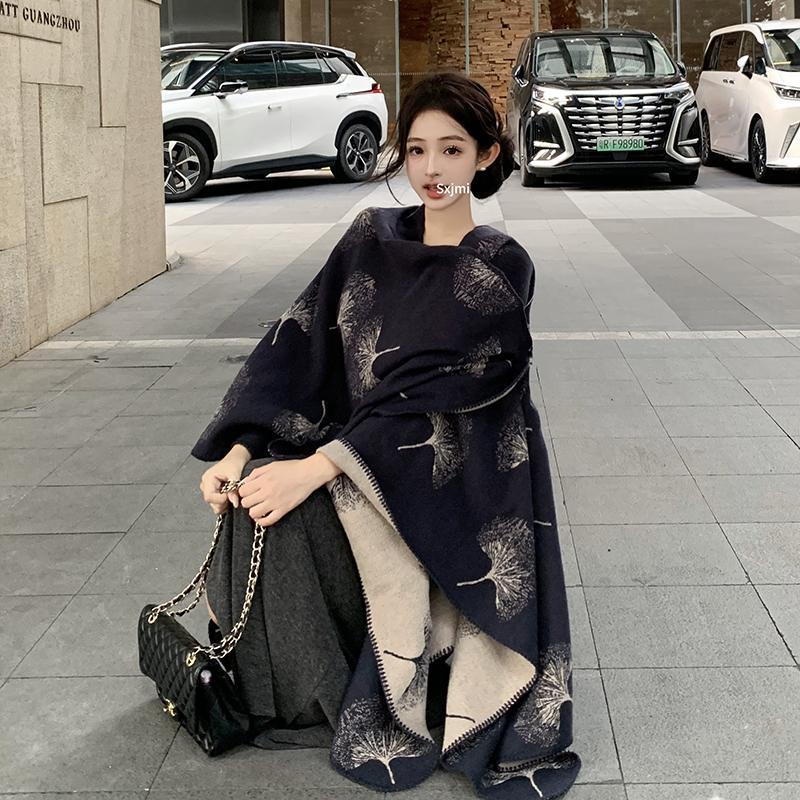 Ginkgo Leaf Shawl Autumn and Winter Warm Scarf Dark Slit Cloak Travel Ethnic Style Thickened Cloak for Women