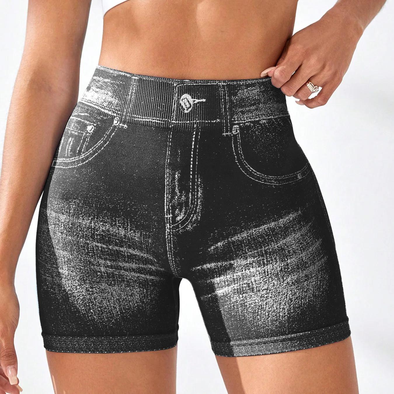 

Сексуальные бесшовные шорты для йоги из имитации денима для женщин, леггинсы для бега и спорта, женские присборенные облегающие шорты для фитнеса в зале L чёрный