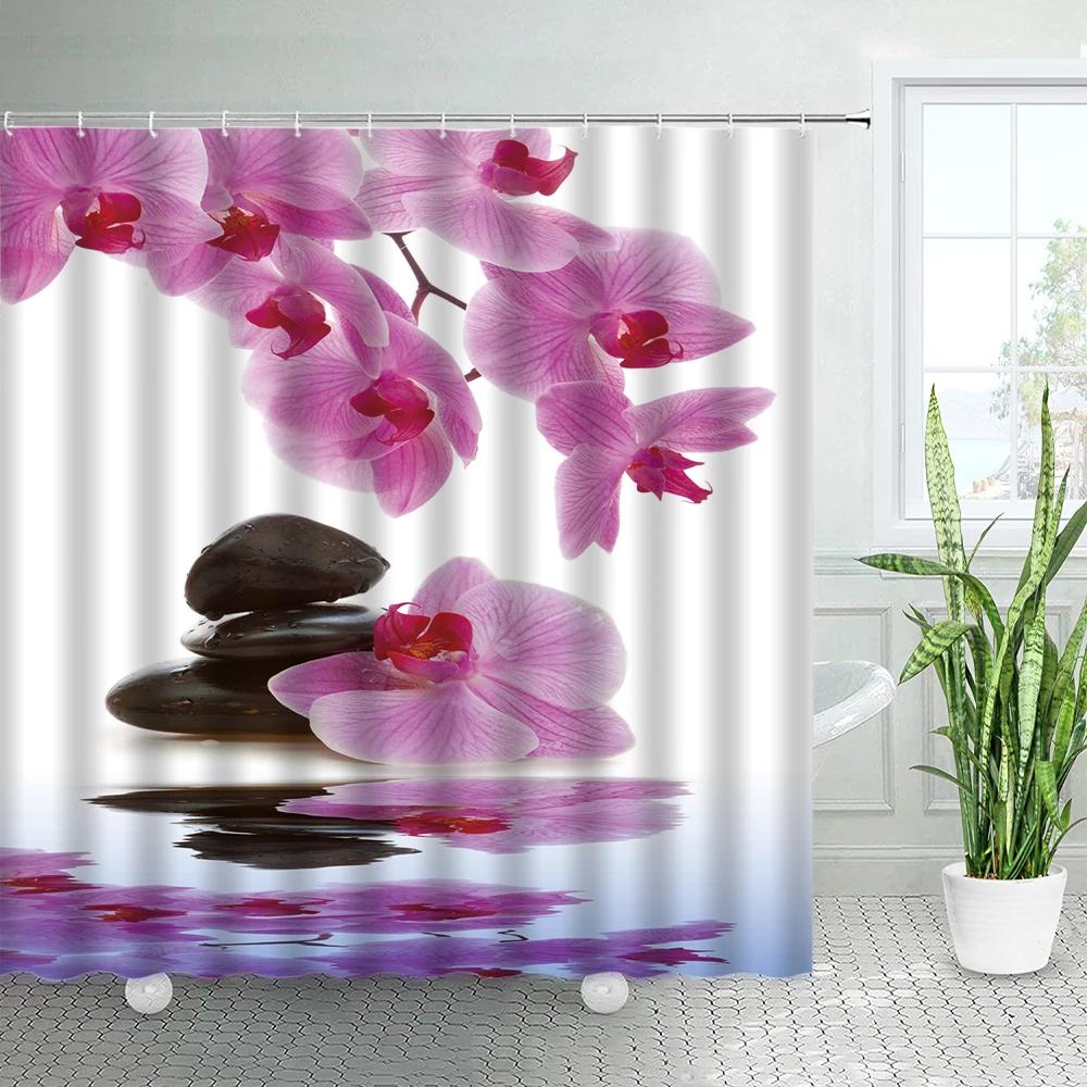 White Orchid Floral Shower Curtains Sets Rural Natural Flowers Zen Spa Plants Bathroom Fabric Bath Curtain With Hooks Home Decor