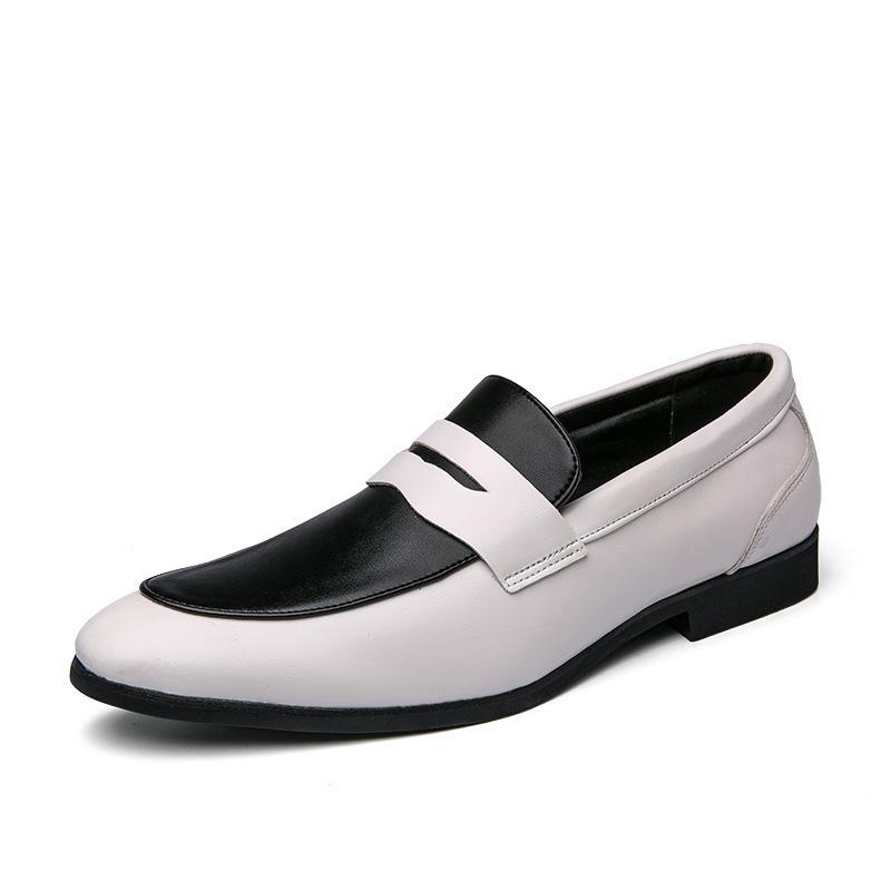 New Men's Low-top Office Dress Leather Shoes Men's Large Size Black and White Color Matching Leather Shoes One Foot Loafers