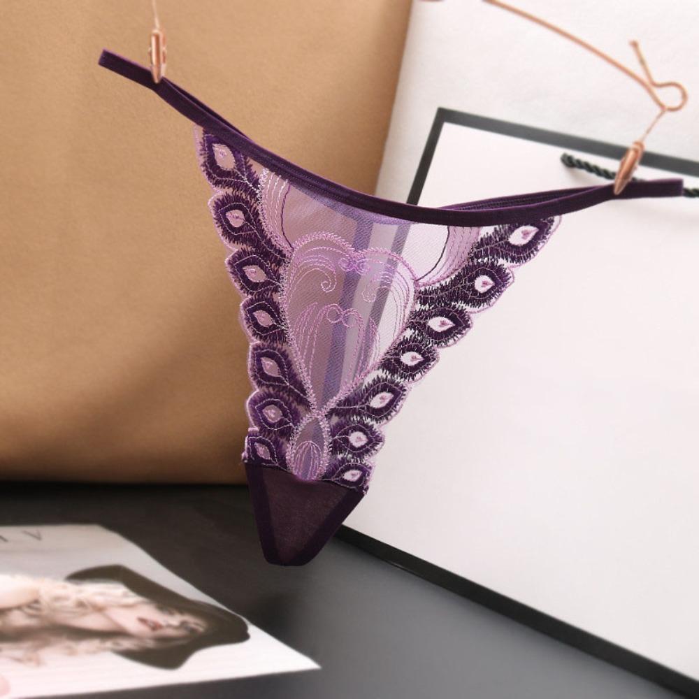 Cotton Crotch Lace Embroidered Panties Low Waist Transparent T-Pants Sexy Mesh Thongs  Gift