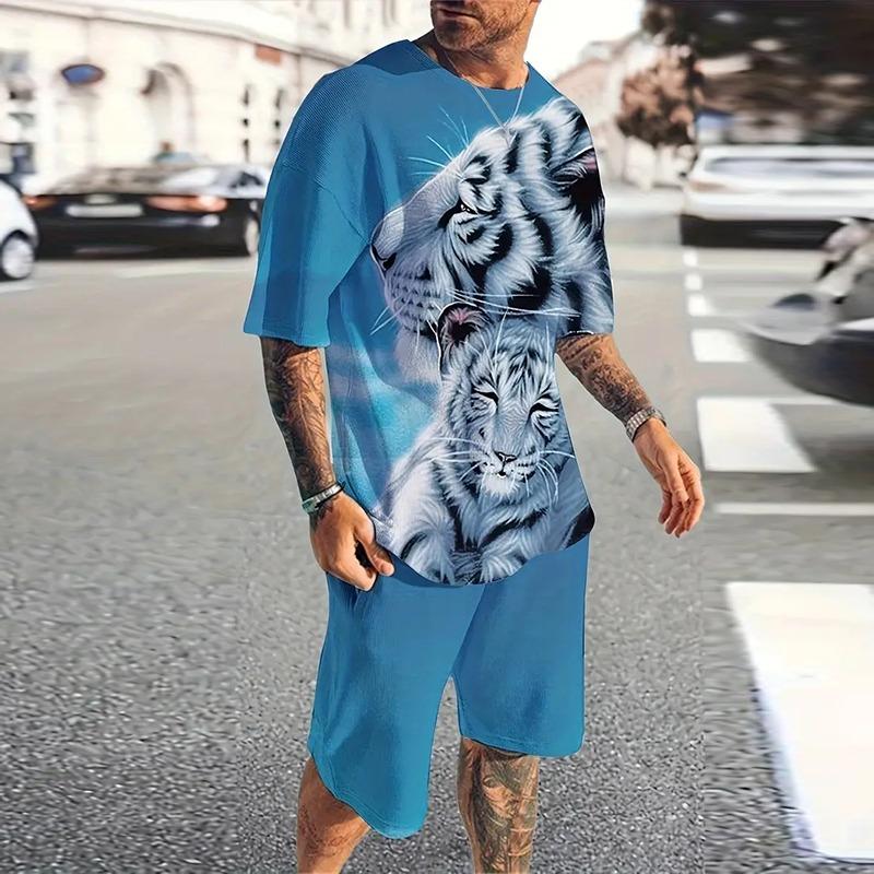 Fashion Men's Sportswear Suit Printed Tiger Pattern Oversized Men's Top Y2K Style Breathable Fresh Short Sleeve Shorts Suit