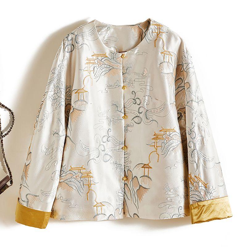 

Don t Let Yourself Regret! Buy without Hesitation Daya Lady round Neck Embroidered Sequin Loose Version Satin Brocade Cotton Jacket Sequin details of color Embroidered 4XL