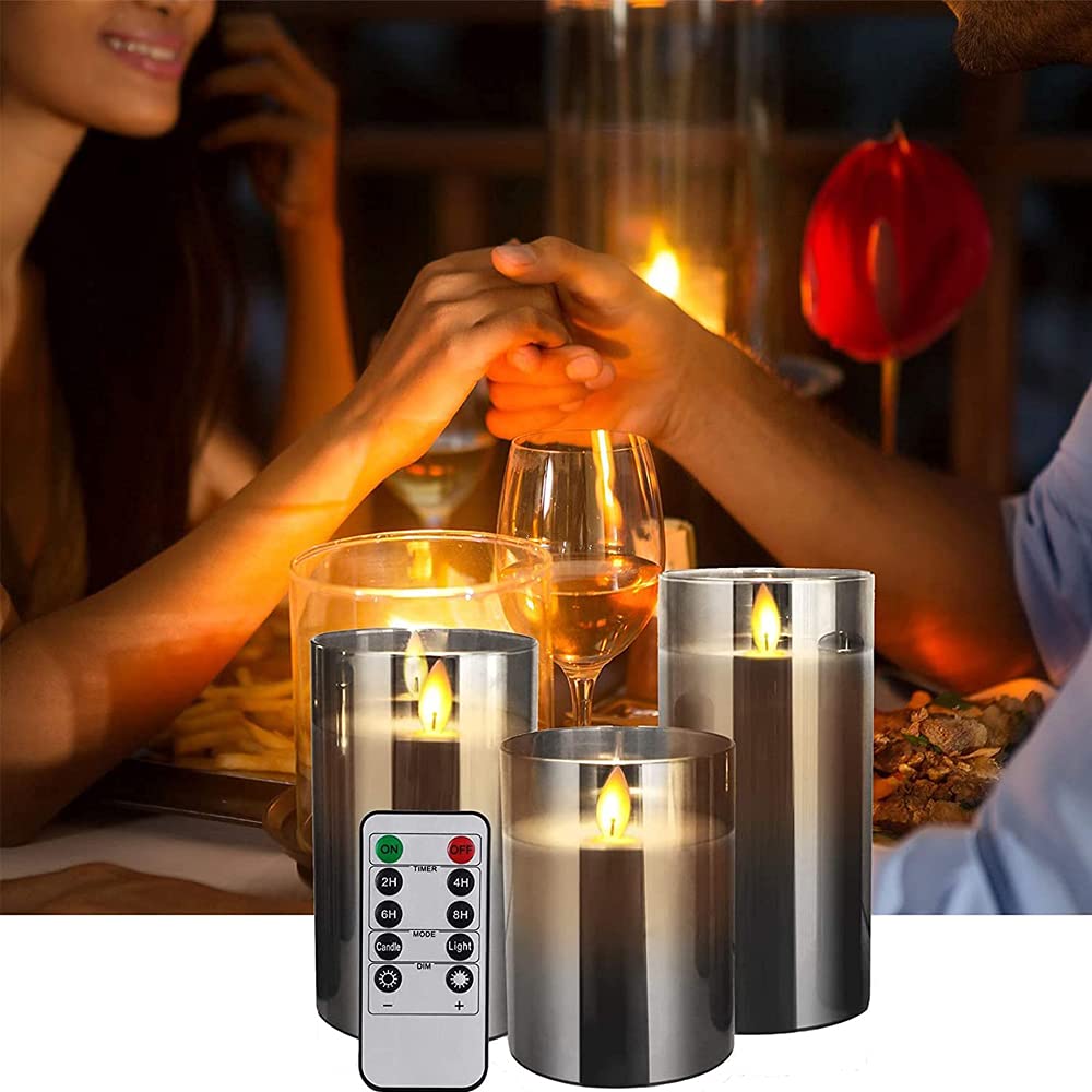 RoSok LED Candle Light of LED Glass Paraffin Energy Battery Adjustable Indoor and Outdoor Remote Control Battery Operated LED Candle Gray [Set 3]