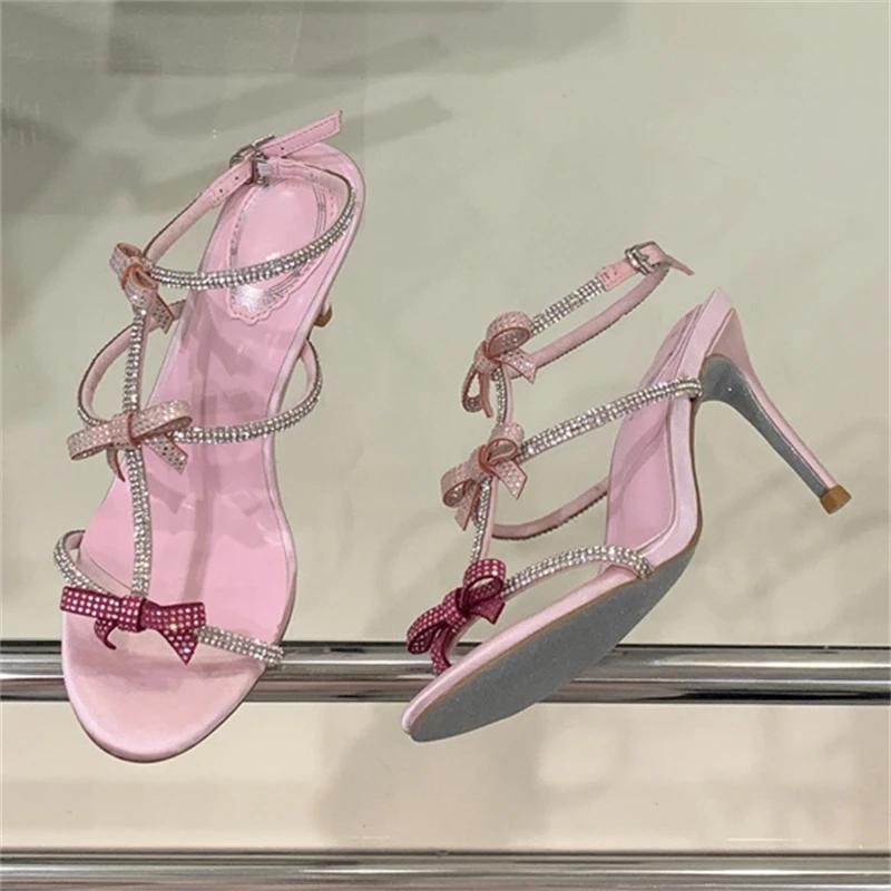 Gate Stil Krystall Sløyfe Smal Rem Dame Sandaler Sexy Tynne Høye Hæler Spennestropp Bankett Festsko