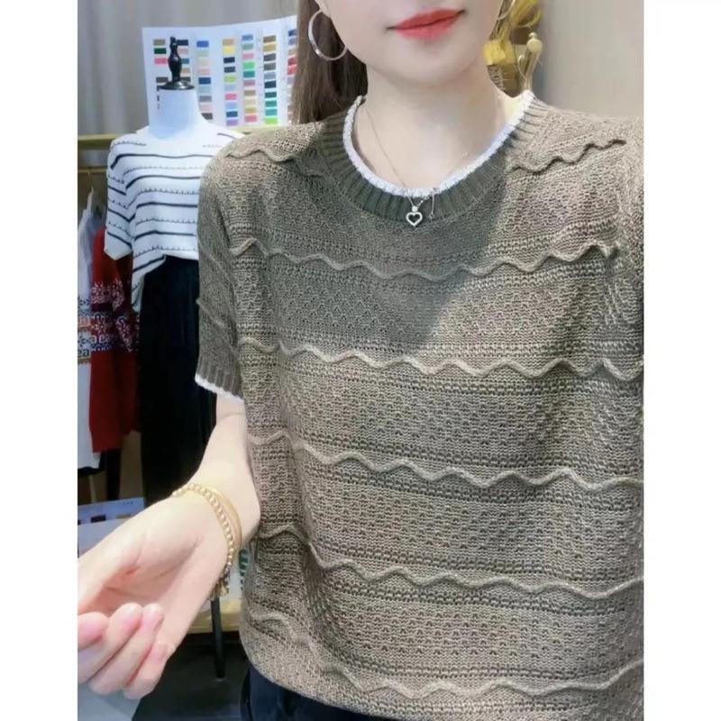 Summer Round Neck Knitted T-shirt Striped Hollow Ice Silk Knitted Short Sleeved T-shirt for Women