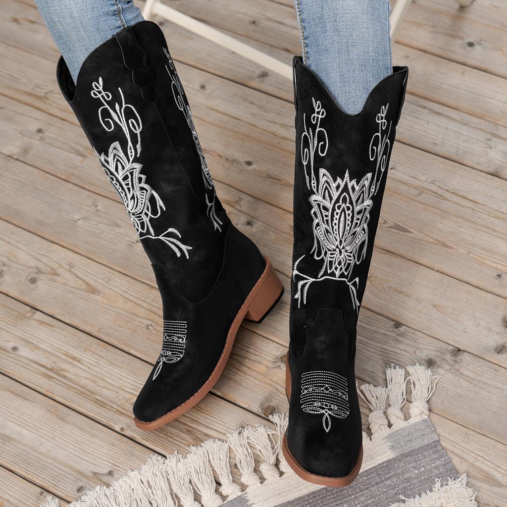 Außenhandel Herbst und Winter neue europäische und amerikanische quadratische Zehen Damenstiefel bestickte mittelhohe Schaft einfarbig dicker Absatz Übergröße Ritter b