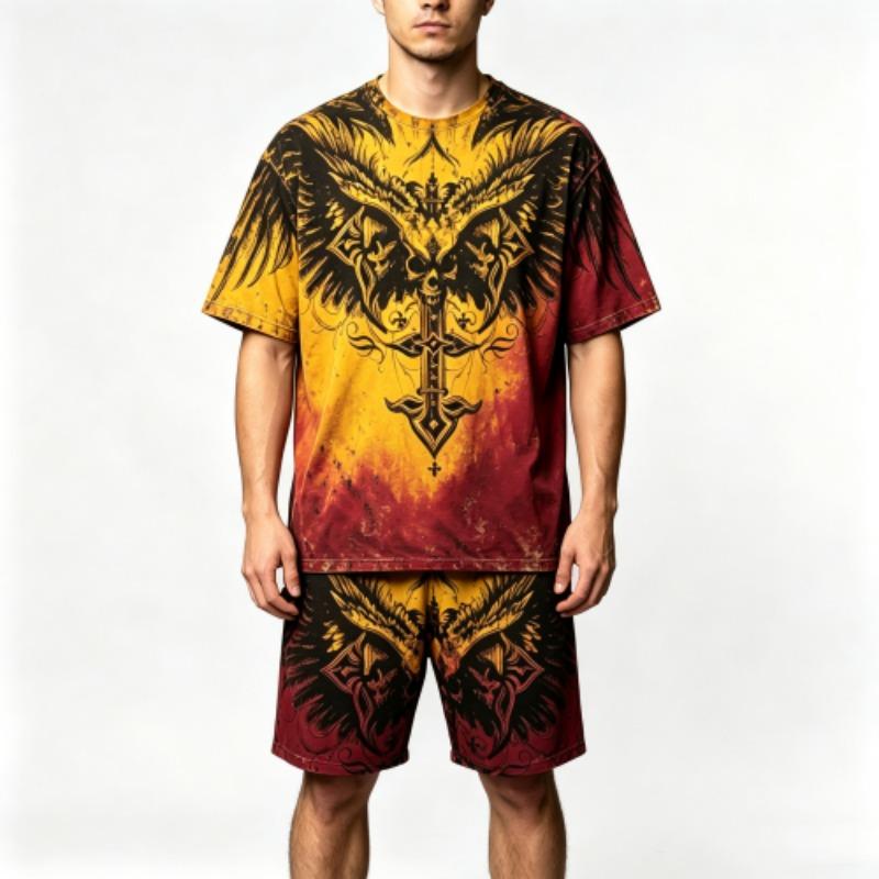 Summer Gothic Style Vintage Skull Cross Printed Round Neck Short Sleeved T-Shirt And Shorts Set Men's and Women's T-shirt Shorts Set