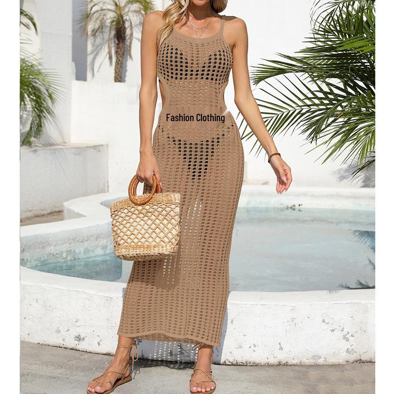 

Европейское и американское сексуальное длинное платье на бретелях с вырезами на талии, однотонное - дышащая пляжная накидка с защитой от солнца One Size хаки