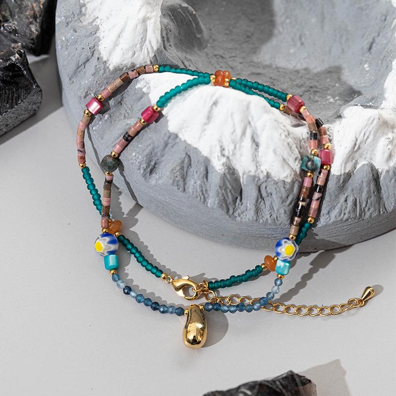 GEMCHIC Women s Retro Beaded Necklace with Natural Stone and Gold Pendant, Vintage Multi-Color Geometric Choker for Women
