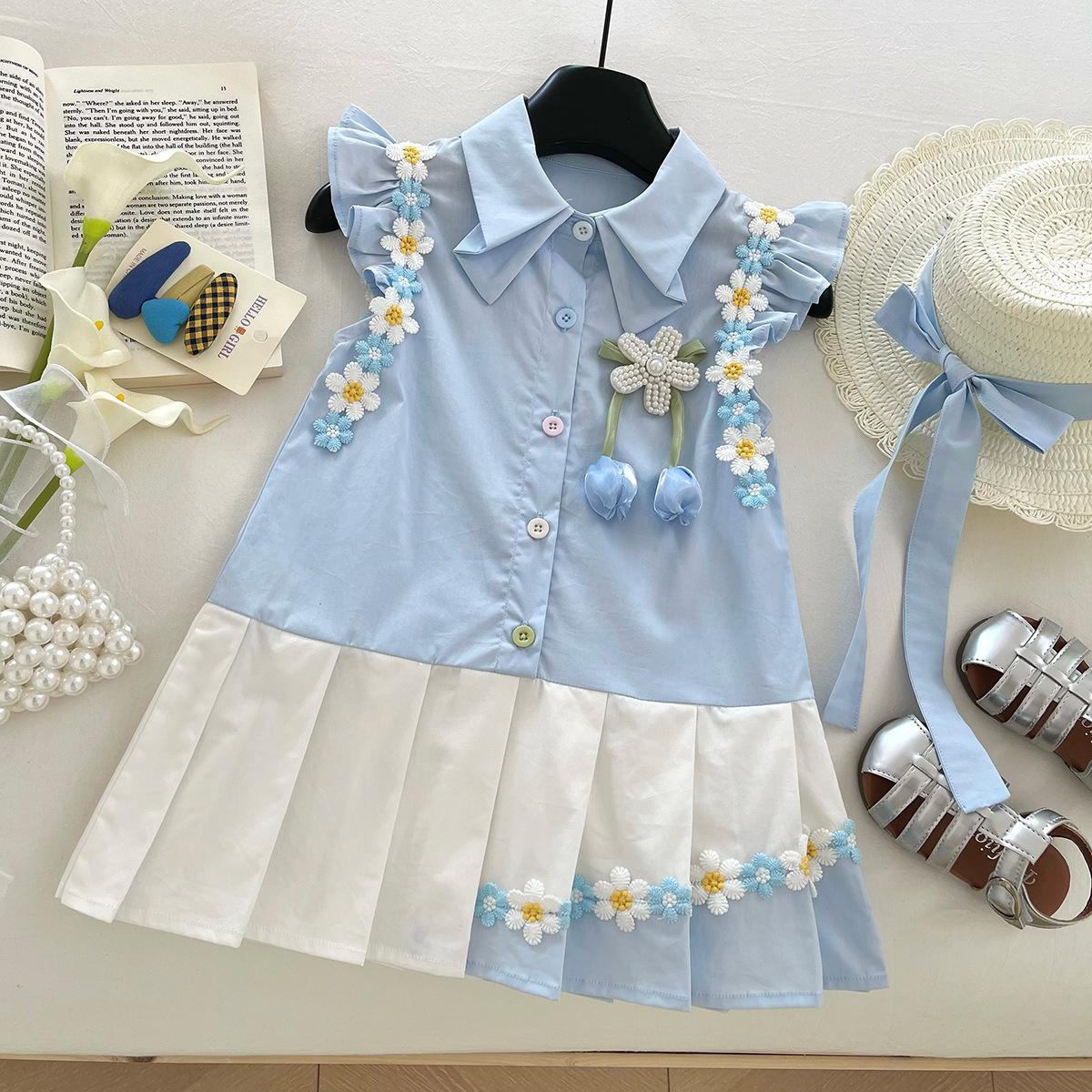 Summer Girls School Sleeveless Pleated Dress With Lace Trim And Cute Flutter Sleeves Vest Dress For Kids 90cm