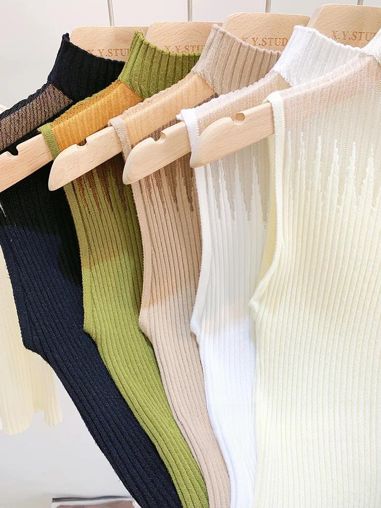 Mesh Knitted Top Women Y2K Tank Top Half Neck Vest Female Sleeveless Sweater Chic Cut Out Streetwear Solid Skinny White Tube Top