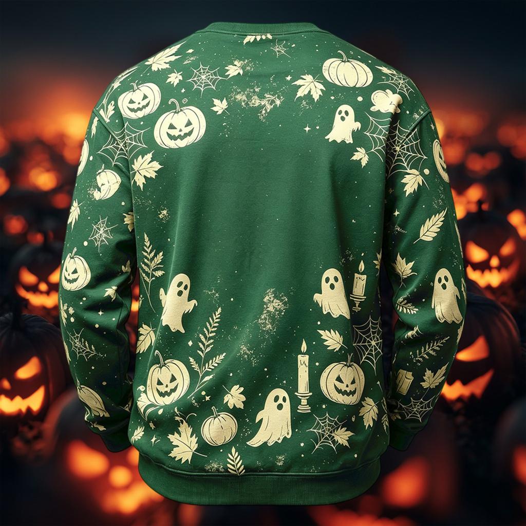 Men's Casual Round Neck Long Sleeve Top with Halloween Print